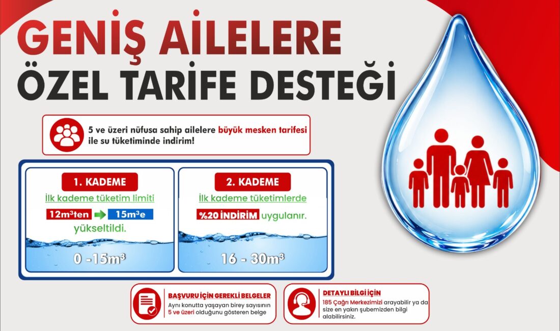 HATSU’DAN 5 VE ÜZERİ NÜFUSA SAHİP AİLELERE İNDİRİMLİ TARİFE Hatay Büyükşehir Belediyesi (HBB), geniş ailelerin su giderlerini azaltmaya yönelik